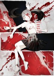 Rule 34 | 1girl, 6 9, absurdres, black hair, black skirt, blood, blood on clothes, blood on face, blood splatter, blunt bangs, collared shirt, death, dripping eye, drooling, empty eyes, english text, extra arms, fingernails, from above, full body, gibberish text, hand on own chest, hand on own stomach, highres, injury, k hottok, lying, miniskirt, monoko, no shoes, nosebleed, on back, open mouth, pale skin, pleated skirt, raised eyebrows, scratches, self-harm scar, shirt, shirt tucked in, short sleeves, skirt, socks, solid circle pupils, solo, twintails, white eyes, white socks, wrist cutting, yume nikki