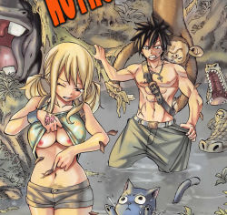 Rule 34 | 1girl, 2boys, blonde hair, breasts, fairy tail, gray fullbuster, happy (fairy tail), lucy heartfilia, multiple boys, nipple slip, nipples, nude filter, pubic hair, third-party edit