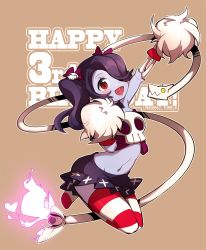 Rule 34 | 1girl, adapted costume, anniversary, arm up, blue skin, blush, bone, bow, cheerleader, colored skin, detached collar, detached sleeves, full body, hair bow, hair ornament, hair over one eye, happy birthday, highres, jumping, legs together, leviathan (skullgirls), long hair, midriff, miniskirt, navel, ng (kimjae737), no shoes, pom pom (cheerleading), red eyes, side ponytail, simple background, skirt, skull, skull hair ornament, skullgirls, solo, squigly (skullgirls), stitched mouth, stitches, striped clothes, striped sleeves, striped thighhighs, thighhighs, zombie