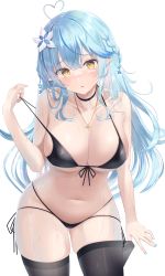 Rule 34 | 1girl, absurdres, ahoge, bikini, black bikini, blue hair, blush, braid, breasts, cleavage, colored tips, curvy, flower, hair flower, hair ornament, half updo, head tilt, heart, heart ahoge, highres, hololive, large breasts, leaning forward, long hair, multicolored hair, parted lips, pointy ears, pulling own clothes, simple background, snowflake hair ornament, solo, standing, strap pull, streaked hair, swimsuit, thighhighs, thighhighs pull, thighs, tojo aoi, virtual youtuber, wet, white background, yellow eyes, yukihana lamy