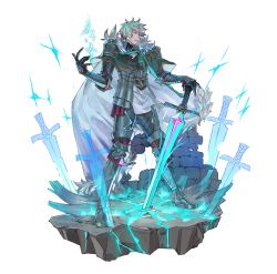 Rule 34 | 1boy, armor, cape, closed mouth, crack, cracked floor, earrings, electricity, fur-trimmed cape, fur trim, glowing, greaves, green cape, green hair, hair between eyes, hand on hilt, highres, holding, holding sword, holding weapon, human homeosta, jewelry, knight, male focus, multicolored hair, multiple swords, original, parted lips, pauldrons, planted, planted sword, planted weapon, purple eyes, red hair, scar, scar on face, shoulder armor, simple background, single earring, standing, sword, turtleneck, vambraces, weapon, white background