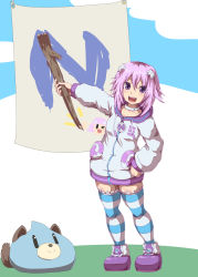 Rule 34 | 1girl, blush, crown495, d-pad, d-pad hair ornament, from side, full body, hair ornament, highres, hood, hood down, hooded jacket, jacket, looking at viewer, neptune (neptunia), neptune (series), panties, purple eyes, purple hair, short hair, short hair with long locks, solo, striped clothes, striped panties, striped thighhighs, thighhighs, underwear