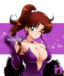 Rule 34 | 1girl, alternate costume, bare shoulders, bishoujo senshi sailor moon, blush, breasts, brown hair, cleavage, dress, earrings, elbow gloves, eyebrows hidden by hair, flower earrings, gloves, green eyes, hair bobbles, hair ornament, hand up, head tilt, high ponytail, highres, jewelry, kino makoto, large breasts, lips, long hair, looking at viewer, neck, necklace, one eye closed, parted bangs, pearl necklace, ponytail, purple background, purple dress, purple gloves, saotome nanda, sidelocks, solo, strapless, strapless dress, white background, wink