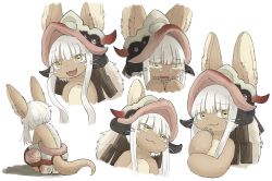 Rule 34 | 1girl, animal ears, bad id, bad twitter id, commentary, crying, fangs, from behind, furry, hand on own chin, helmet, horizontal pupils, kawasemi27, looking at viewer, looking down, made in abyss, medium hair, multiple views, nanachi (made in abyss), open mouth, pants, pocket, short hair with long locks, sidelocks, simple background, smirk, squatting, tail, tears, topless, upper body, white background, yellow eyes