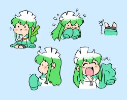 Rule 34 | 1girl, :d, bike shorts, blue background, blush stickers, chibi, commentary, english commentary, closed eyes, flying sweatdrops, green hoodie, hood, hood down, hoodie, konegi (rariatto), multicolored hair, multiple views, open mouth, original, parted lips, rariatto (ganguri), simple background, sitting, sleeves past fingers, sleeves past wrists, smile, spring onion, two-tone hair, upside-down, v, very long sleeves