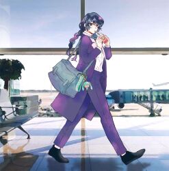 Rule 34 | 1girl, ado (utaite), aircraft, airplane, airport, bag, black bow, black bowtie, black eyes, black footwear, blue bag, blue coat, blue flower, blue hair, blue pants, blue rose, blurry, blurry background, bow, bowtie, braid, chair, chando (ado), character doll, cloud nine inc, coat, collared shirt, commentary request, cup, disposable cup, dress shirt, drinking straw, drinking straw in mouth, flower, flower brooch, full body, hatsune miku, highres, holding, holding cup, indoors, jet bridge, long hair, long sleeves, looking at viewer, mole, mole under eye, open clothes, open coat, pants, people, rose, shirt, shoulder bag, solo, sunlight, twin braids, umeboshi (lbsmo8ue2qm2rhk), utaite, vocaloid, walking, white shirt, window