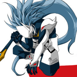 Rule 34 | 1boy, arc system works, armor, bad id, bad pixiv id, blazblue, blazblue: calamity trigger, blue hair, hakumen, kneeling, long hair, lowres, male focus, mask, on one knee, solo, sword, weapon, white background