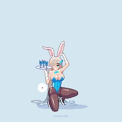 Rule 34 | 1girl, animal ears, animated, animated gif, asuna (blue archive), blonde hair, blue archive, blue eyes, breasts, collar, covered eyes, elbow gloves, fake animal ears, fake bunny ears, female focus, glass, gloves, hair over one eye, highres, large breasts, leotard, long hair, looking at viewer, pantyhose, pixel art, plate, playboy bunny, sim0n404, simple background, solo, white gloves