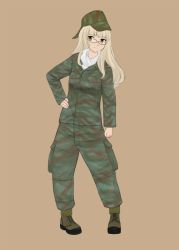 Rule 34 | 1girl, boots, camouflage, french army, glasses, hat, highres, komii, military, military uniform, perrine h. clostermann, scarf, simple background, solo, strike witches, uniform, world witches series