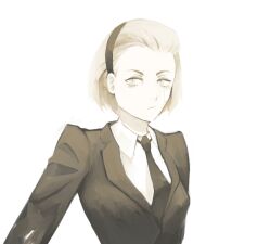Rule 34 | 1girl, bandaid, bandaid on cheek, bandaid on face, black suit, blonde hair, blue eyes, collared shirt, eyelashes, formal, frau butterfly, hair slicked back, hairband, highres, hunter x hunter, looking at another, looking at viewer, necktie, shirt, short hair, simple background, solo, suit, theta (hunter x hunter), upper body, white background, white shirt