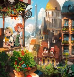 Rule 34 | 10s, 4girls, alchemaniac, bag, balcony, bird, black hair, blouse, bread, brown hair, building, cafe, city, cloud, day, dome, dove, eiffel tower, flower, food, hair ribbon, hairband, hoshizora rin, koizumi hanayo, layered clothes, leaf, looking afar, love live!, love live! school idol festival, love live! school idol project, multiple girls, nishikino maki, one eye closed, open mouth, orange hair, outdoors, paper bag, plant, potted plant, red hair, ribbon, rooftop, scenery, shirt, short hair, short sleeves, side-by-side, sign, sky, smile, sunlight, tower, white shirt, window, wristband, yazawa nico