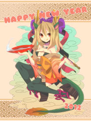 Rule 34 | 10s, 1girl, 2012, :p, alcohol, animal ears, blonde hair, breasts, cleavage, cup, dragon, eastern dragon, english text, eyebrows, feet, green thighhighs, highres, horns, japanese clothes, jewelry, kimono, large breasts, long hair, memeo (candy house), monster girl, necklace, new year, off shoulder, original, red eyes, sakazuki, sake, sitting, smile, smoking pipe, solo, tail, thighhighs, tongue, tongue out, twintails