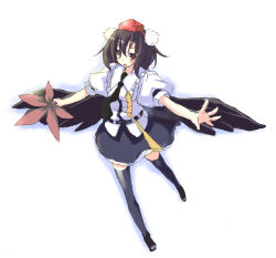 Rule 34 | 1girl, belt, black necktie, black thighhighs, dress, female focus, foreshortening, full body, hand fan, hat, holding, kaneru, leaf, loafers, looking at viewer, necktie, outstretched arms, pom pom (clothes), puffy short sleeves, puffy sleeves, shameimaru aya, shoes, short sleeves, simple background, solo, thighhighs, tokin hat, touhou, white background, white dress, zettai ryouiki