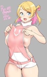 Rule 34 | 1girl, 2021, agawa ryou, blonde hair, blue eyes, breasts, cameltoe, dated, grey background, large breasts, looking at viewer, nipple slip, nipples, open mouth, original, short hair, short shorts, shorts, simple background, smile, solo, thick thighs, thighs