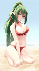Rule 34 | 1girl, absurdres, beach, bikini, blue sky, breasts, cleavage, closed mouth, day, fire emblem, fire emblem: mystery of the emblem, fire emblem awakening, fire emblem heroes, full body, green eyes, green hair, hair ribbon, highres, long hair, medium breasts, navel, nintendo, outdoors, pointy ears, ponytail, red bikini, ribbon, skeptycally, sky, solo, swimsuit, tiki (adult) (fire emblem), tiki (adult) (summer) (fire emblem), tiki (fire emblem), twitter username