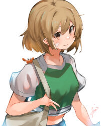 Rule 34 | 1girl, bag, bandaid, bandaid on face, brown eyes, crab, crab on shoulder, green shirt, highres, kantai collection, light brown hair, midriff, oboro (kancolle), official alternate costume, raglan sleeves, shirt, short hair, simple background, smile, solo, sunday aki, upper body, white background