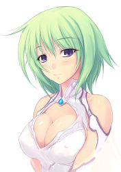 1girl amei_sumeru breasts cleavage cleavage_cutout clothing_cutout covered_erect_nipples female_focus green_hair large_breasts original purple_eyes solo