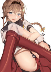 Rule 34 | 1girl, bad id, bad pixiv id, black headband, black skirt, blue eyes, blush, braid, crossed legs, gloves, headband, kantai collection, light brown hair, looking at viewer, open mouth, pallad, panties, pantyshot, pleated skirt, red footwear, red panties, short sleeves, simple background, skirt, smile, solo, striped clothes, striped skirt, teruzuki (kancolle), twin braids, two-tone gloves, underwear, white background, white gloves