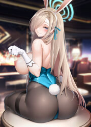 Rule 34 | 1girl, absurdres, animal ears, ass, asuna (blue archive), asuna (bunny) (blue archive), back, bare shoulders, blue archive, blue eyes, blue leotard, blue ribbon, blush, breasts, breasts out, brown pantyhose, elbow gloves, fake animal ears, fake tail, gloves, hair over one eye, hair ribbon, halo, highleg, highleg leotard, highres, large breasts, leotard, light brown hair, long hair, looking at viewer, looking back, nipples, oni-noboru, pantyhose, playboy bunny, rabbit ears, rabbit tail, ribbon, sitting, smile, solo, tail, thighband pantyhose, thighs, very long hair, white gloves