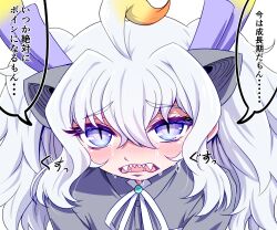 Rule 34 | 1girl, animal ears, blush, commentary, crying, crying with eyes open, dragon ears, dragon girl, dragon horns, extra ears, fangs, highres, horns, kemono friends, kemono friends 3, long hair, long tail, looking at viewer, mamiyama, multicolored horns, open mouth, purple horns, shirt, solo, tail, tears, translated, white dragon (kemono friends), white hair, yellow horns