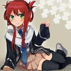 Rule 34 | 1girl, bad id, bad pixiv id, black thighhighs, blue necktie, blush, boots, green eyes, hair rings, ika, long sleeves, necktie, off shoulder, open mouth, original, pleated skirt, puzzle piece, red hair, sidelocks, sitting, skirt, smile, solo, thighhighs
