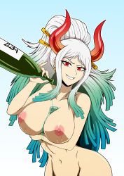 Rule 34 | 1girl, absurdres, alcohol, breasts, highres, horns, large breasts, long hair, nipples, nude, one piece, oni, yamato (one piece)