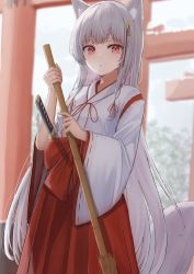 Rule 34 | 1girl, absurdres, animal ears, bamboo broom, blush, bow, breath, broom, day, fox ears, fox girl, fox tail, hair ribbon, hakama, highres, holding, holding broom, japanese clothes, kimono, long hair, long sleeves, looking at viewer, miko, mole, mole under eye, original, outdoors, parted lips, red bow, red eyes, red hakama, red ribbon, ribbon, sheath, sheathed, sidelocks, silver hair, solo, straight hair, sword, tail, tanshio, torii, very long hair, weapon, white kimono, wide sleeves