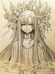 Rule 34 | 1girl, asymmetrical bangs, closed mouth, dress, flower, graphite (medium), greyscale, hair flower, hair ornament, half-closed eyes, highres, horns, hoshi san 3, long hair, looking at viewer, monochrome, multiple horns, original, partially submerged, photo (medium), scan, smile, solo, traditional media
