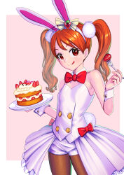 Rule 34 | 1girl, :q, alternate costume, animal ears, border, bow, bowtie, breasts, brown hair, brown pantyhose, cake, closed mouth, cowboy shot, detached collar, fake animal ears, food, fork, hairband, highres, holding, holding fork, holding plate, kirakira precure a la mode, pantyhose under shorts, long hair, looking at viewer, outside border, overskirt, pantyhose, plate, precure, rabbit ears, red bow, red bowtie, red eyes, short shorts, shorts, shrimp1634, small breasts, solo, standing, tongue, tongue out, twintails, usami ichika, white border, white hairband, white shorts, wrist cuffs
