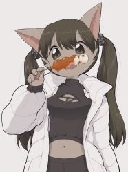 Rule 34 | 1girl, 3yo4yo5yo, black eyes, body fur, breasts, cleavage cutout, clothing cutout, eating, female focus, food, furry, furry female, grey background, grey fur, hair bobbles, hair ornament, highres, holding, holding food, jacket, looking at viewer, midriff, navel, original, pawpads, simple background, skewer, small breasts, solo, takoyaki, tongue, tongue out, twintails, white jacket