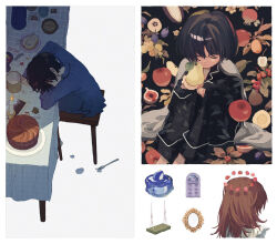 Rule 34 | 1boy, 1girl, 1other, apple, black background, black hair, black pants, black shirt, blue pants, blue shirt, border, brown hair, cake, candle, candy, closed eyes, closed mouth, collage, door, empty picture frame, facing away, fig, food, from above, from behind, fruit, halo, head on table, head rest, holding, holding food, holding fruit, ka (marukogedago), leaf, leaf print, long hair, long sleeves, on stool, original, pants, pear, picture frame, plate, plum, print pants, print shirt, pumpkin, shirt, short hair, simple background, sitting, spoon, stool, strawberry, swing, table, tablecloth, white background, white border