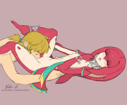 Rule 34 | 1boy, 1girl, blonde hair, blush, breasts, colored skin, cunnilingus, earrings, closed eyes, fish girl, jewelry, link, lipstick, makeup, mipha, monster girl, nintendo, nude, nurple, oral, red skin, small breasts, sweat, the legend of zelda, the legend of zelda: breath of the wild, zora