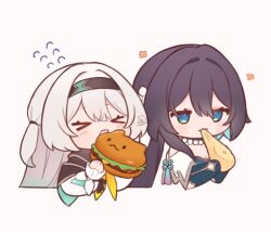 &gt;_&lt; 2girls 7mb_yut aqua_eyes eating firefly_(honkai:_star_rail) hair_intakes hair_ribbon honkai:_star_rail honkai_(series) jewelry multiple_girls necklace ribbon ruan_mei_(honkai:_star_rail) signature