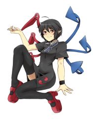 Rule 34 | 1girl, asymmetrical wings, black hair, dress, full body, houjuu nue, mary janes, nicutoka, pointy ears, red eyes, shoes, short hair, smile, solo, thighhighs, touhou, transparent background, wings, zettai ryouiki