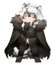 Rule 34 | 1boy, :&lt;, absurdres, animal ears, arknights, black cape, black footwear, black gloves, black hair, black jacket, black pants, blush, boots, cape, chibi, closed eyes, closed mouth, facing viewer, full body, fur-trimmed cape, fur trim, gloves, hair between eyes, hand on own chin, highres, jacket, leopard boy, leopard ears, leopard tail, long sleeves, male focus, multicolored hair, pants, puffy long sleeves, puffy sleeves, shirt, silverash (arknights), simple background, sleeves past wrists, solo, standing, streaked hair, tail, takumi mizuki, torn cape, torn clothes, v-shaped eyebrows, white background, white hair, white shirt