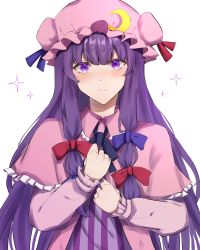 Rule 34 | 1girl, blue bow, blue ribbon, blush, bow, bowtie, breasts, capelet, closed mouth, collar, commentary, crescent, crescent hat ornament, dress, eyelashes, frilled capelet, frills, hair between eyes, hair bow, hair ribbon, hat, hat ornament, highres, jingai (k1bun), large breasts, long hair, long sleeves, looking at viewer, mob cap, patchouli knowledge, pink dress, pink hat, purple dress, purple eyes, purple hair, red bow, red bowtie, red ribbon, ribbon, sidelocks, simple background, solo, sparkle, striped clothes, striped dress, touhou, tress ribbon, white background