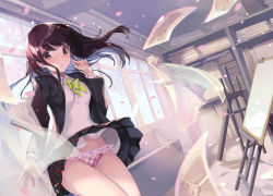 Rule 34 | 1girl, arm up, black jacket, black skirt, book, bow, bow panties, brown hair, canvas (object), cardigan, cherry blossoms, classroom, clothes lift, collared shirt, commentary request, dutch angle, easel, frilled panties, frills, gin (oyoyo), hair blowing, highres, indoors, jacket, light rays, navel, original, panties, paper, parted lips, pink panties, plaid, plaid panties, plaid skirt, pleated skirt, shelf, shirt, signature, skirt, skirt lift, solo, standing, sunbeam, sunlight, underwear, white cardigan, white shirt, wind, wind lift, window