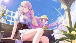 Rule 34 | 1girl, absurdres, alternate costume, apron, bench, blue sky, breasts, chinese commentary, cloud, corderoy, day, dress, elf, elysia (honkai impact), enmaided, flower, frills, highres, honkai (series), honkai impact 3rd, large breasts, long hair, looking at viewer, maid, maid apron, maid headdress, outdoors, pink eyes, pink hair, pointy ears, purple eyes, shirt, short sleeves, sitting, skirt, sky, smile, solo, sun, white shirt, yellow flower
