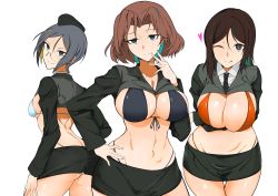 Rule 34 | 3girls, :q, ;), absurdres, adapted costume, ass, azumi (girls und panzer), back, bikini, bikini under clothes, black bikini, black hair, black jacket, black neckwear, black skirt, blue bikini, blue eyes, breast hold, breasts, bright pupils, brown hair, cleavage, closed mouth, contrapposto, dress shirt, from behind, garrison cap, girls und panzer, glasses, grey eyes, grey hair, groin, hair intakes, half-closed eyes, hand on own hip, hand on own face, hat, head tilt, highleg, highleg bikini, highres, jacket, large breasts, leaning forward, long sleeves, looking at viewer, looking back, medium breasts, megumi (girls und panzer), microskirt, military, military hat, military uniform, multicolored hair, multiple girls, navel, necktie, nokogiriotoko, one eye closed, pencil skirt, red bikini, round eyewear, rumi (girls und panzer), selection university military uniform, shirt, shrug (clothing), side-tie bikini bottom, signature, skindentation, skirt, smile, streaked hair, string bikini, swept bangs, swimsuit, thigh gap, tongue, tongue out, uniform, white background, white pupils, white shirt, wing collar