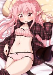 Rule 34 | 1girl, ahoge, bed sheet, blush, bow, bow bra, bow panties, bra, breasts, brown pants, brown shirt, clothes pull, demon girl, demon tail, fingernails, groin, hair between eyes, hand up, highres, long hair, long sleeves, looking at viewer, lying, mochiyuki, navel, on back, open clothes, open shirt, original, pajamas, panties, pants, pants pull, parted lips, pillow, pink bra, pink hair, pink panties, plaid, plaid pants, plaid shirt, pointy ears, polka dot, polka dot bra, polka dot panties, red eyes, shirt, small breasts, solo, tail, tears, underwear, unmoving pattern, very long hair, wavy mouth