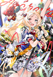 Rule 34 | 1girl, absurdres, archetto (arknights), archetto (publicity strategy) (arknights), arknights, arm up, belt, blonde hair, blue eyes, bow, bowtie, character name, clothing cutout, cutout gloves, fingerless gloves, gloves, hair bow, heart cutout, heterochromia, highres, holding, holding microphone, idol, microphone, microphone stand, parted hair, red bow, red bowtie, red eyes, sash, skirt, solo, two side up, wed (lim38869577), white gloves, white skirt, yellow sash