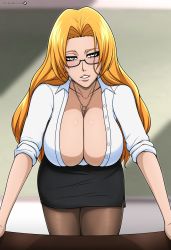 Rule 34 | 1girl, absurdres, black-framed eyewear, black skirt, bleach, breasts, cleavage, glasses, highres, huge breasts, jewelry, large breasts, lips, long hair, looking at viewer, matsumoto rangiku, mistowing, mole, mole under mouth, necklace, office lady, open clothes, open shirt, orange hair, skirt, smile, thick thighs, thighs, very long hair, wavy hair