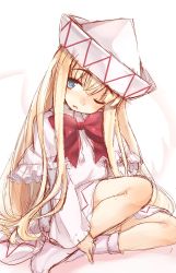 Rule 34 | 1girl, blonde hair, blue eyes, bow, bowtie, capelet, full body, hair between eyes, hat, highres, lily white, long hair, long sleeves, looking at viewer, no shoes, oborofu, one eye closed, open mouth, red bow, red bowtie, sidelocks, sitting, socks, solo, touhou, very long hair, white background, white socks