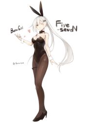 Rule 34 | 1girl, animal ears, black bow, black bowtie, black footwear, black leotard, bow, bowtie, breasts, brown eyes, brown pantyhose, character name, cleavage, commentary request, fake animal ears, five-seven (girls&#039; frontline), full body, fuyu yafunu, girls&#039; frontline, high heels, highres, leotard, long hair, medium breasts, one eye closed, pantyhose, playboy bunny, ponytail, rabbit ears, rabbit tail, silver hair, solo, strapless, strapless leotard, tail, wrist cuffs