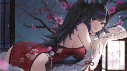 Rule 34 | 1girl, animal ears, ass, black hair, blue eyes, blush, breasts, china dress, chinese clothes, dress, fake animal ears, floral print, highres, jintianhuahualema, large breasts, leotard, looking at viewer, original, playboy bunny, ponytail, rabbit ears, red dress, sideboob, solo, tree