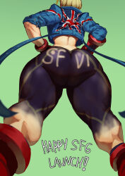 Rule 34 | 1girl, ass, between legs, blonde hair, cammy white, capcom, copyright name, from behind, from below, gloves, highres, jacket, leggings, midriff, street fighter, street fighter 6, thighs, view between legs