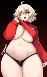 Rule 34 | 1girl, ahoge, black panties, blonde hair, borrowed character, breasts, chris (ginseng), clothes lift, cowboy shot, curvy, eyeliner, highres, junkpuyo, large breasts, lifting own clothes, lips, looking at viewer, makeup, navel, no bra, open mouth, original, pale skin, panties, platinum blonde hair, red sweater, short hair, shortstack, solo, standing, sweater, sweater lift, teeth, thick thighs, thighs, underboob, underwear, upper teeth only, yellow eyes