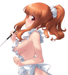 Rule 34 | apron, bare arms, blunt bangs, blush, breasts, brown eyes, brown hair, closed mouth, curly hair, frilled apron, frills, from side, girls und panzer, hand up, highres, holding, holding ladle, kuzuryuu kennosuke, ladle, large breasts, long hair, looking at viewer, looking to the side, naked apron, ponytail, scrunchie, sideboob, sidelocks, simple background, smile, takebe saori, upper body, white apron, white background, white scrunchie