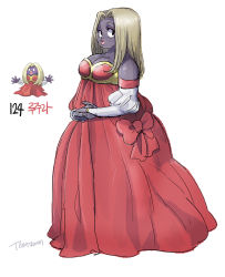 Rule 34 | 1girl, :o, belly, blonde hair, bow, breasts, creatures (company), dark skin, dress, fat, game freak, gen 1 pokemon, highres, jynx, large breasts, long hair, looking back, nintendo, own hands together, personification, plump, pokemon, pokemon (creature), princess dress, red bow, red dress, tamtamdi