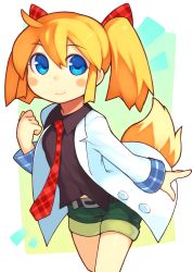 Rule 34 | 1girl, ahoge, bachera, belt, blonde hair, blue eyes, blush, hair ornament, hair ribbon, jacket, lab coat, looking at viewer, necktie, original, outstretched arm, pakky (bachera), ribbon, short hair, short twintails, shorts, smile, solo, tail, twintails